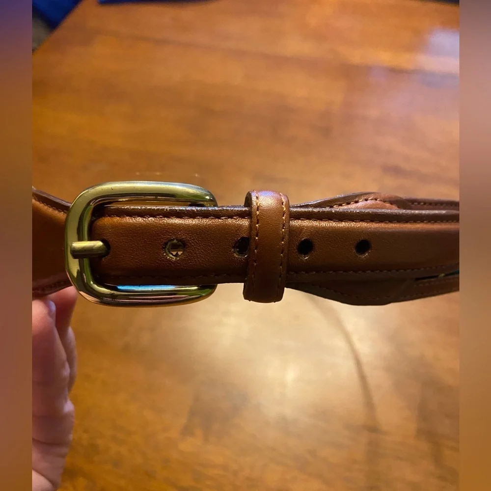 Lands' End Brown Leather-Trim Belt with Navy, Green & Red Stripes